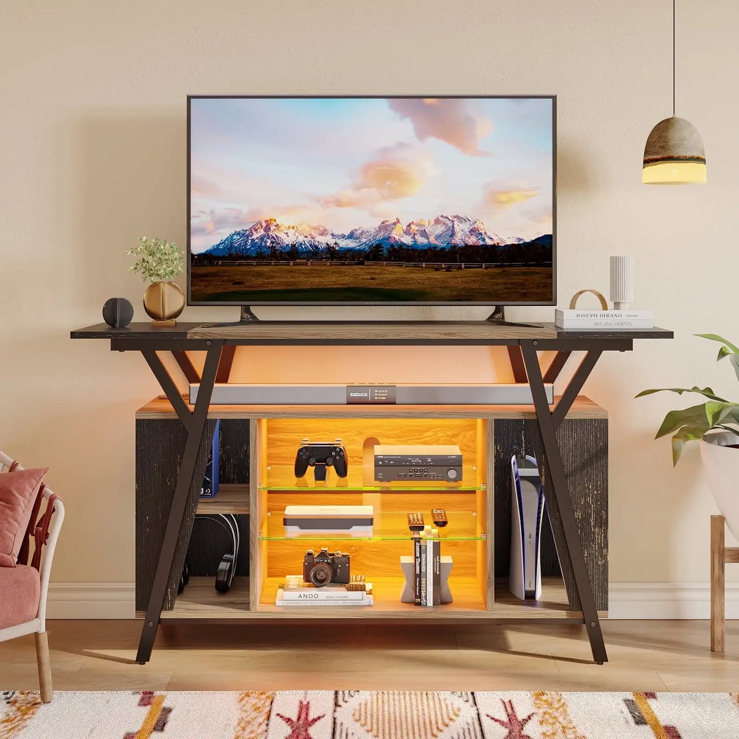 TV Stand with Power Outlets & RGB LED Lights