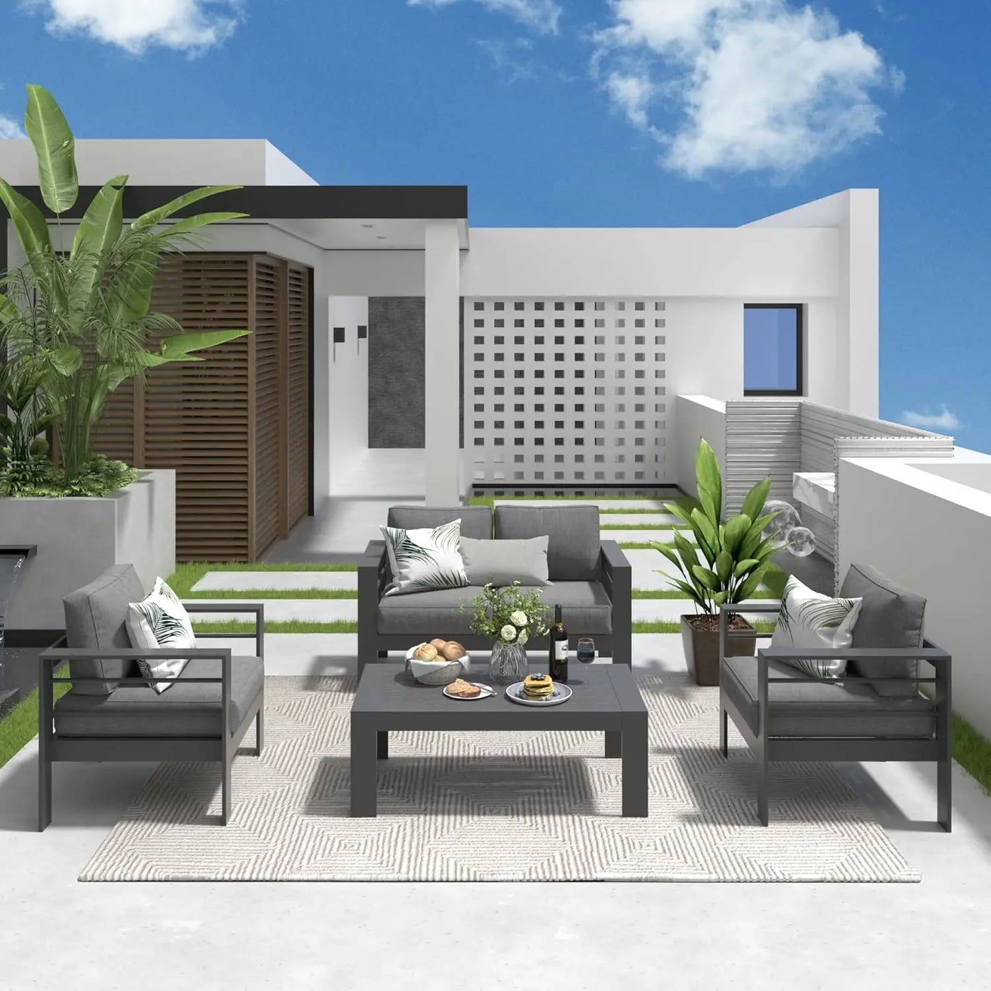 Seats Modern Outdoor Conversation Set Couch Sofa with Upgrade Cushion and Coffee Table, White