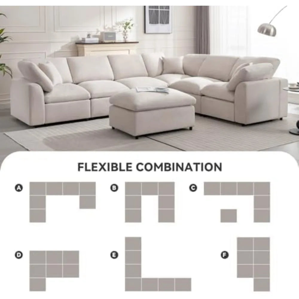 Sofa Modern Oversized Cloud Couch with Movable Ottoman 7 Seater L-Shaped Sofas Comfy Couches for Living Room