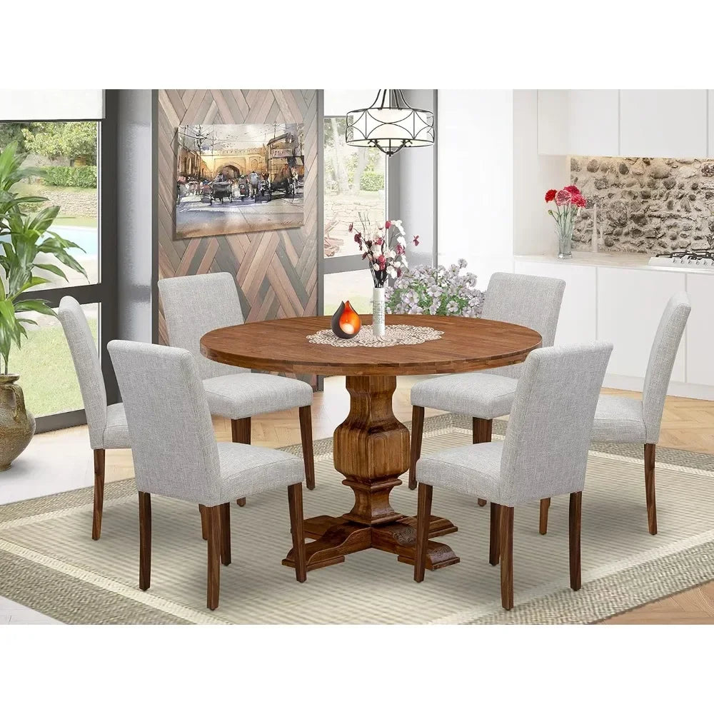 Dining Room 7 Piece Set Consist of A Round Dining Room Table with Pedestal and 6 Doeskin Linen Fabric Upholstered Parson Chairs