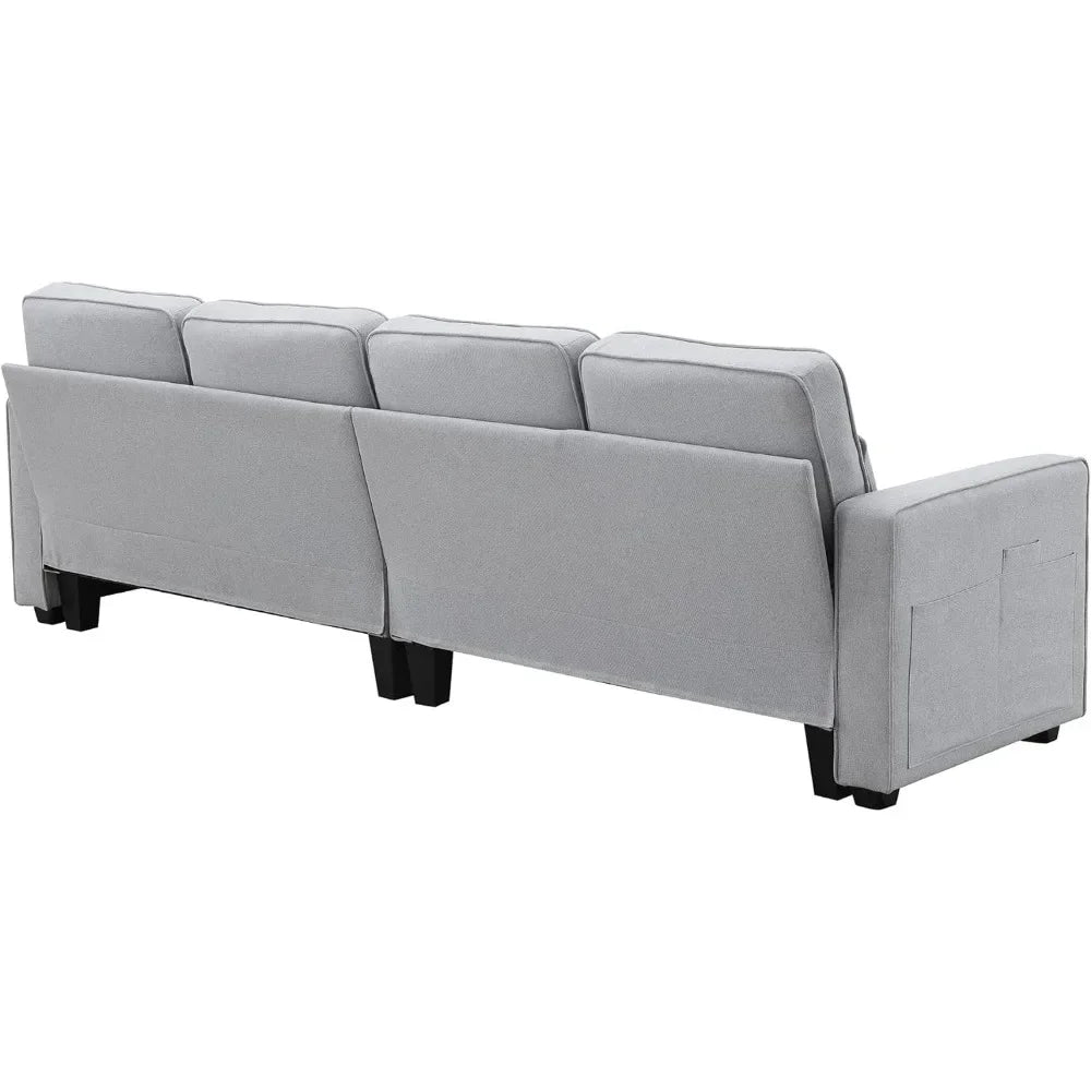 Sofa with Armrest Pockets and 4 Pillows, Minimalist Style 4-Seater Couch for Living Room, Apartment, Gray