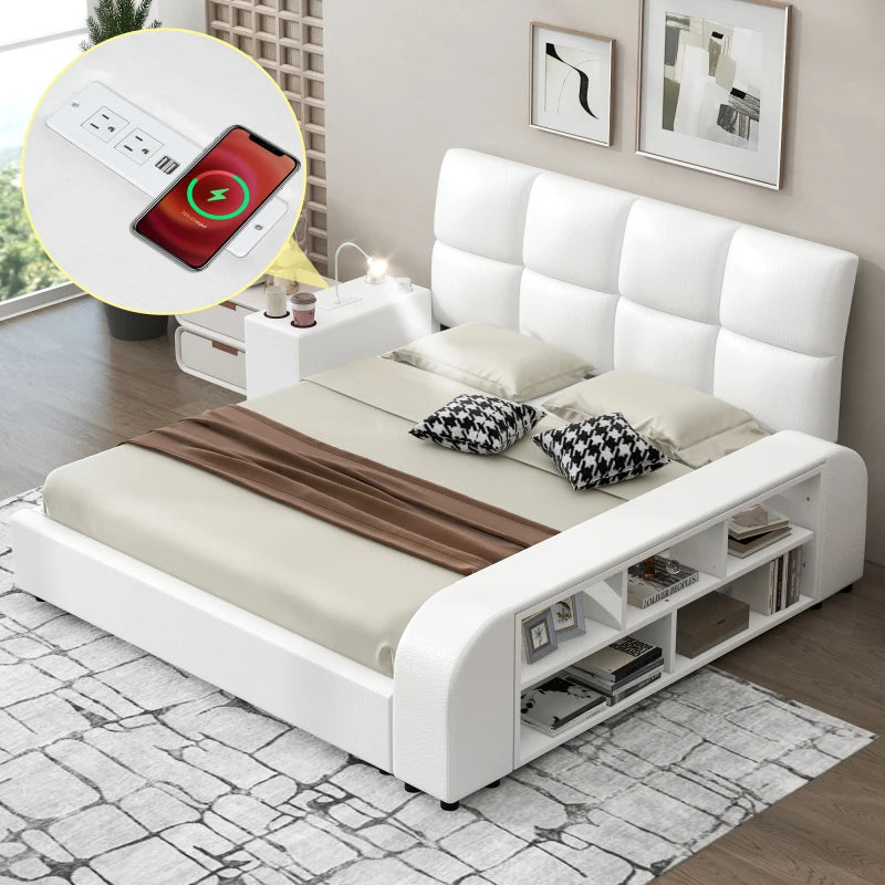 Queen Size Upholstered Platform Bed with Multimedia Nightstand and Storage Shelves,No Box Spring Required, Gray/White