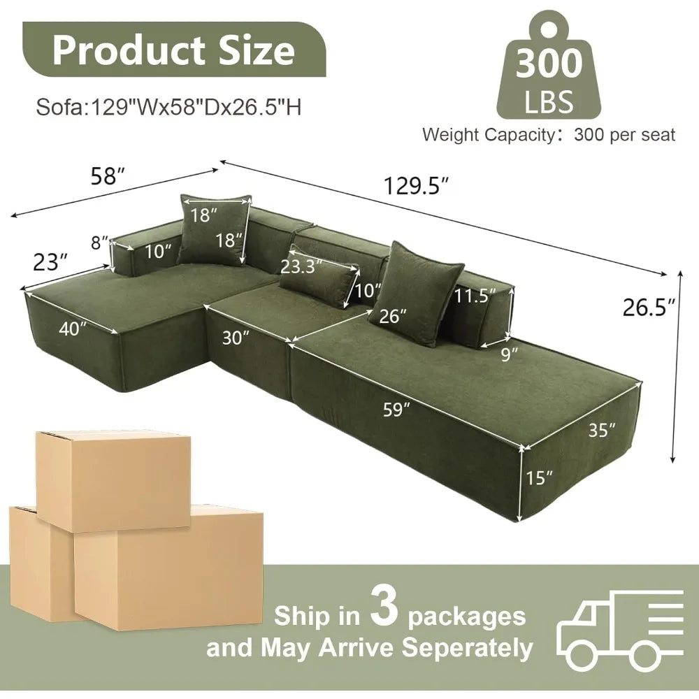 Sofa Couch-Shape Upholstered Cloud Modern Minimalist Couches, Deep Seat Corner Couch, Right Facing Chaise