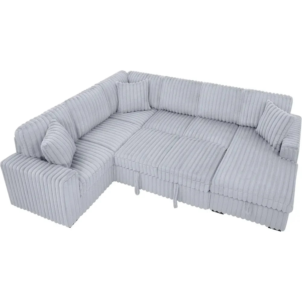 Sofa Couch Chunky Furry Corduroy Sofa with Storage Chaise and Charging Ports Pull Out Sofa Bed