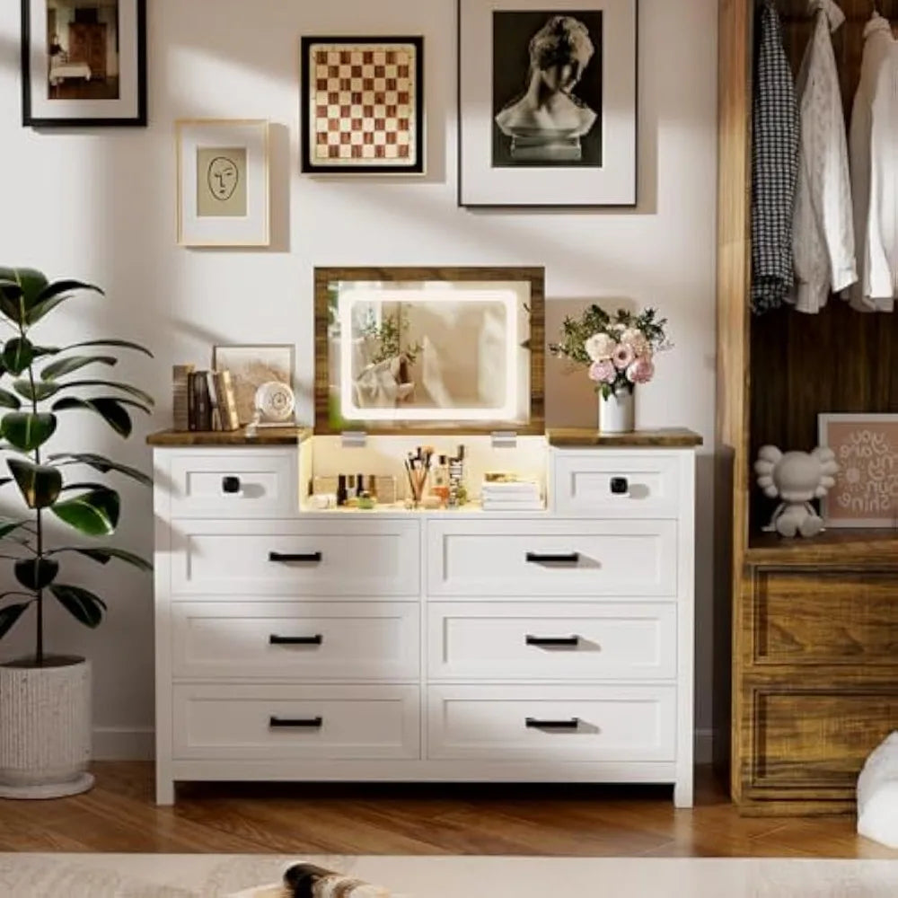 Dresser with Mirror for Bedroom, 8 Drawer Dresser with Charging Station, Farmhouse Chest of Drawers for Bedroom, Hallway