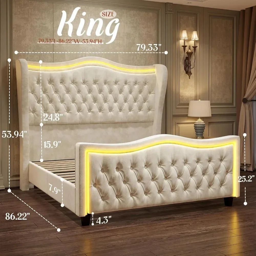 Upholstered Platform Wingback Bed with Handmade Deep Button Tufted Headboard Footboard