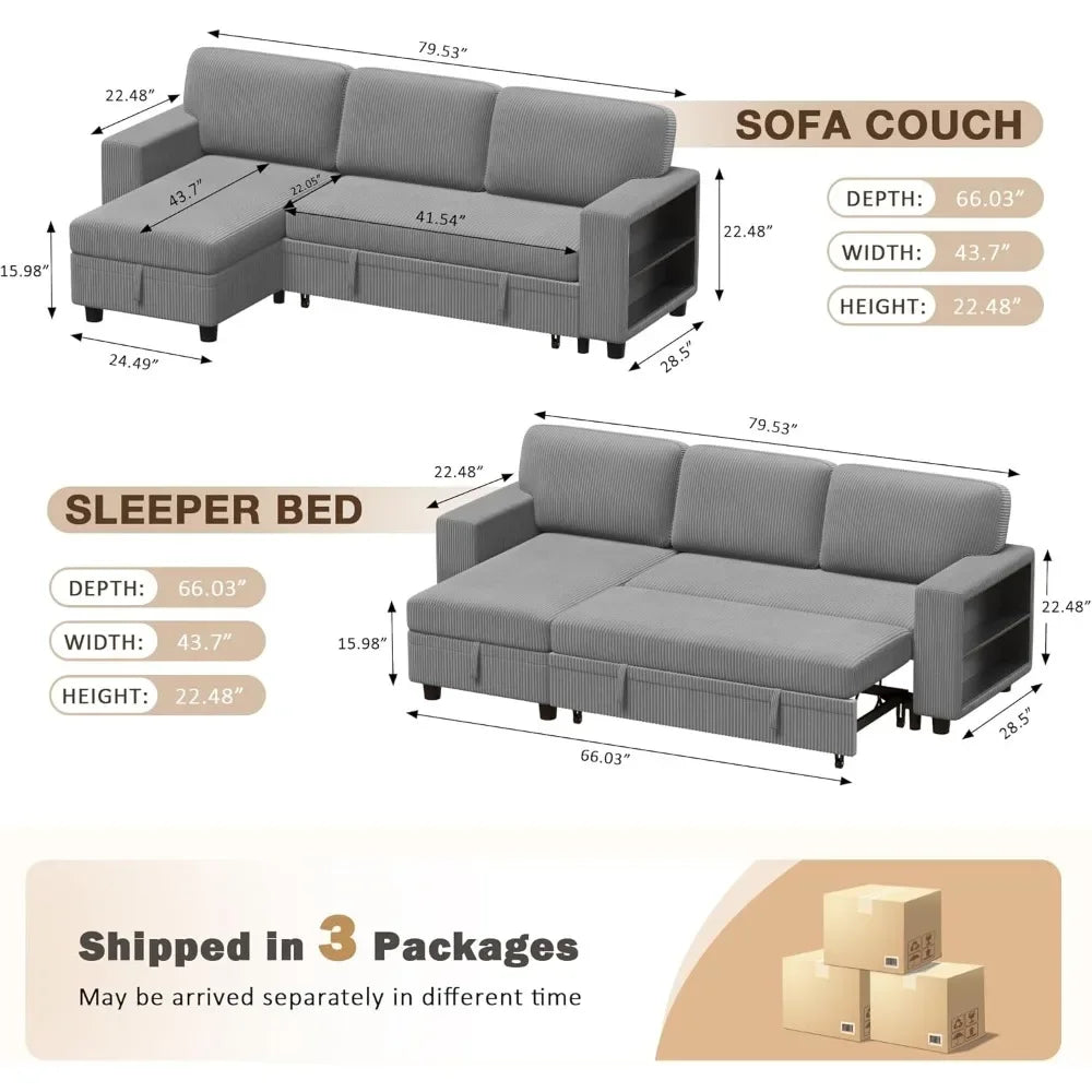 Sleeper Sofa, Sofa Bed with Built-in Large Storage and 2 Bookshelves, Convertible Sectional Sofa Couch