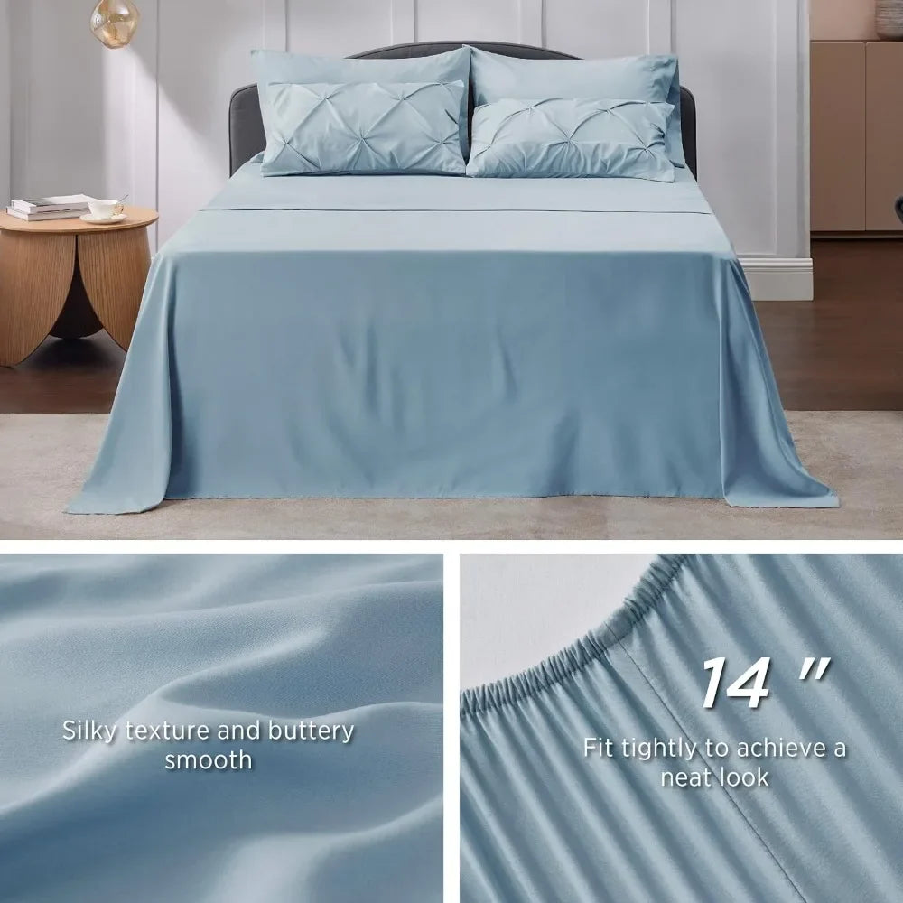 King Comforter Set - Cal King Bed Set 7 Pieces,Pinch Pleat Light Blue Bedding Set with Comforters,Sheets,Pillowcases Shams