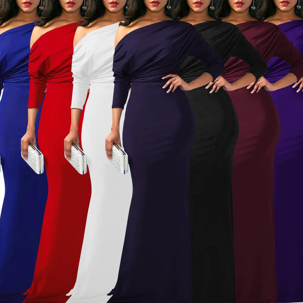 Sexy fashion slanted shoulder chest slightly wrinkled women's dress JX5523