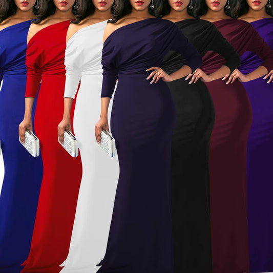 Sexy fashion slanted shoulder chest slightly wrinkled women's dress JX5523