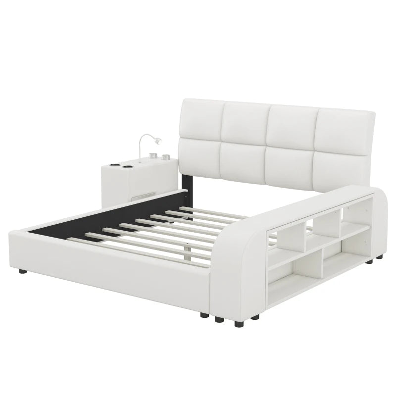 Queen Size Upholstered Platform Bed with Multimedia Nightstand and Storage Shelves,No Box Spring Required, Gray/White