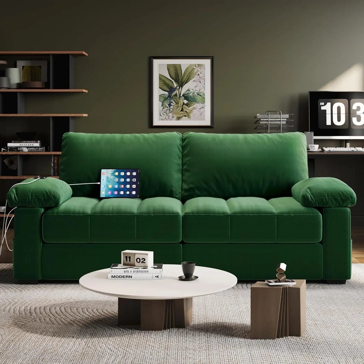 Velvet Living Room Sofa, Modern Recliner Couch with Pocket Coils Storage Pockets