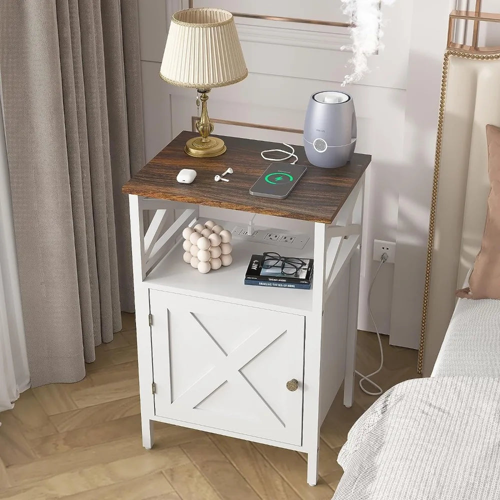 End Table with Power Outlet & USB Ports, Nightstand with 2 Tiers Storage Space and Storage Cabinet, Sofa Side Tables for Bedroom