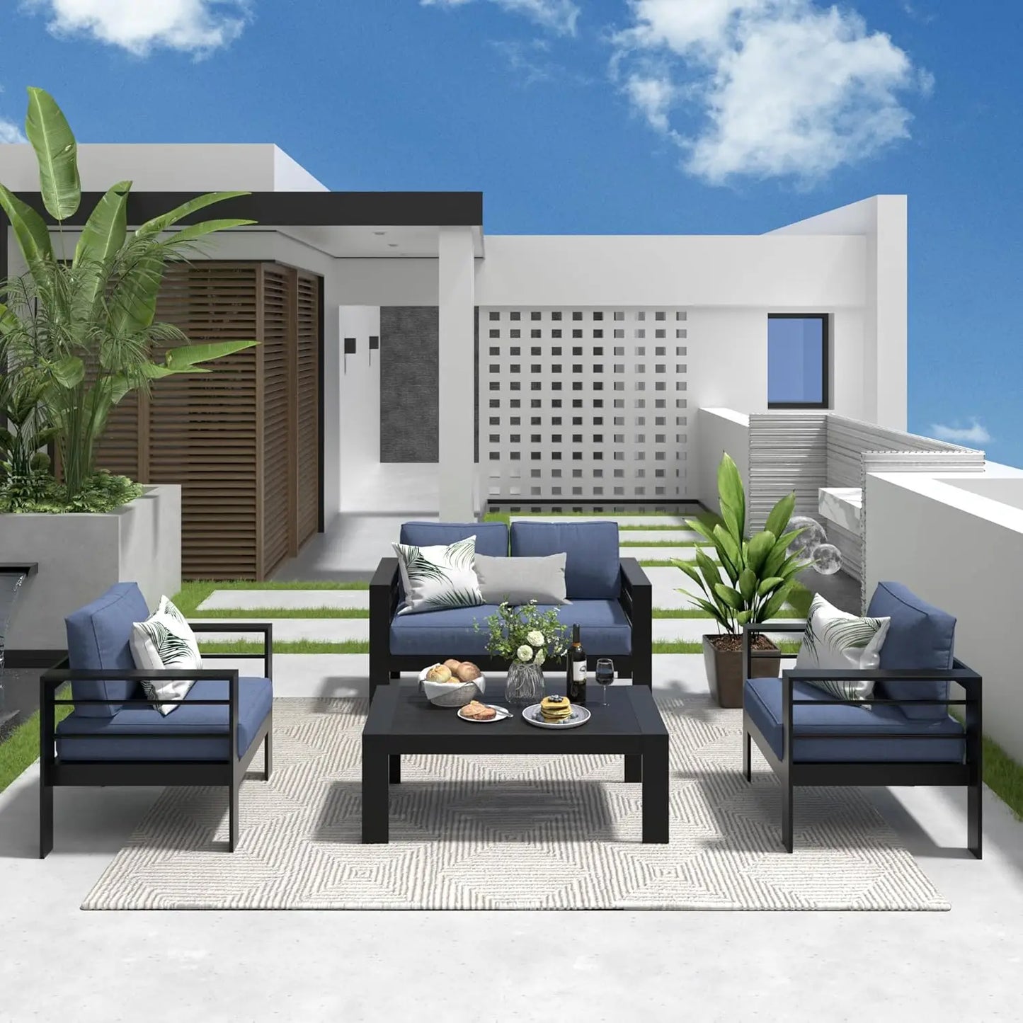 Seats Modern Outdoor Conversation Set Couch Sofa with Upgrade Cushion and Coffee Table, White