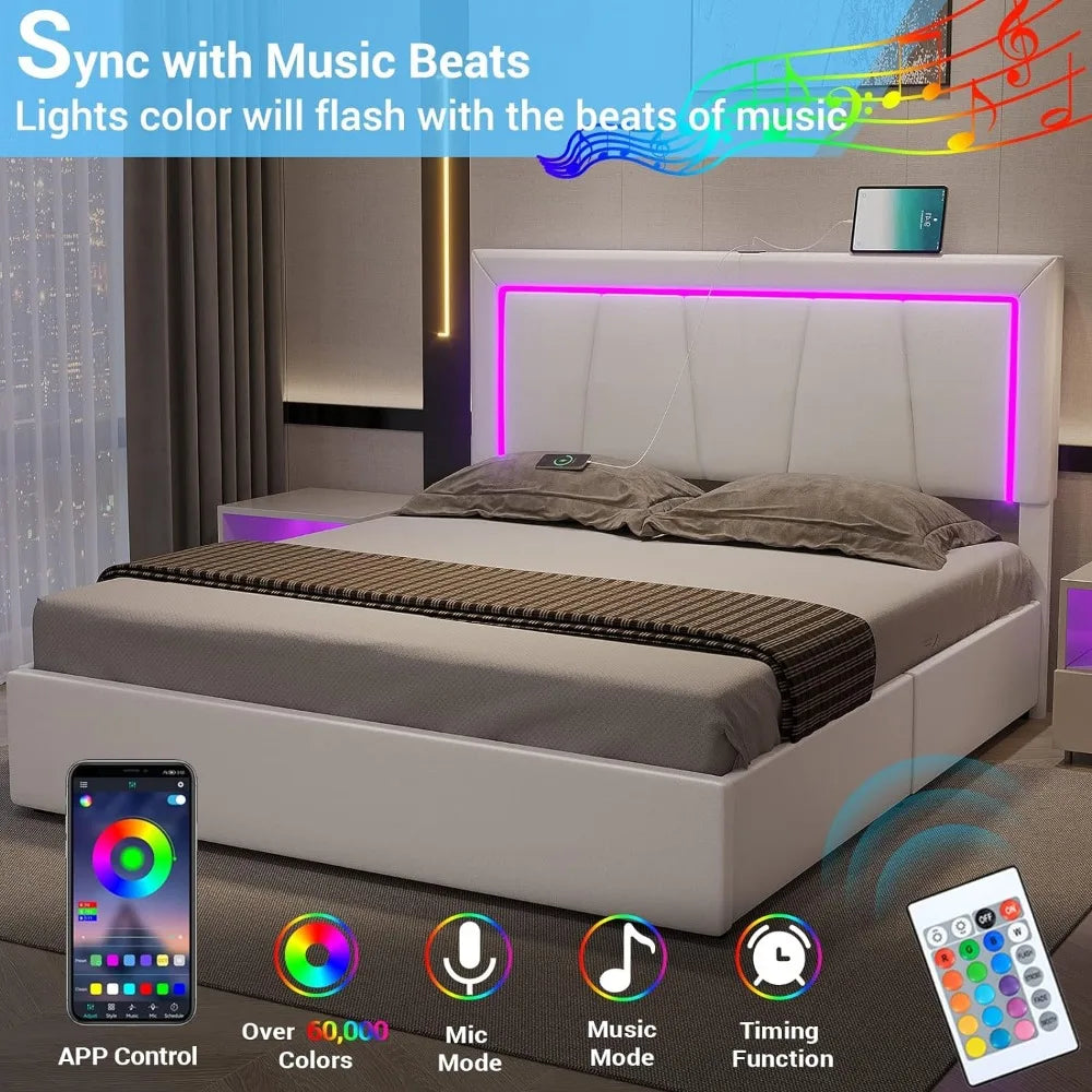 Bed Frame Queen Size with 4 Storage Drawers and LED Lights Faux Leather Upholstered Queen LED Platform Bed Frame with USB Ports