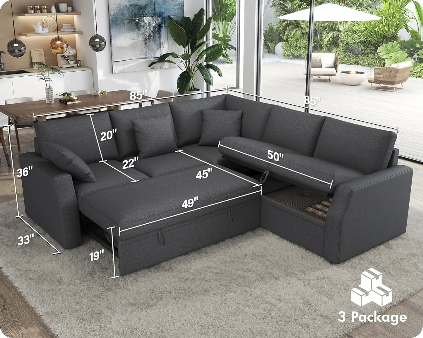 Sleeper Sofa with Pull Out Sofa Bed, L Shaped Couch with Storage Seat, Sectional Couches for Living Room Apartment