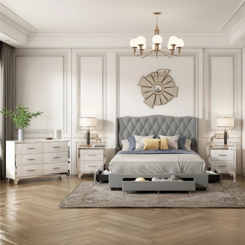 4-Pieces Bedroom Sets Queen Size Upholstered Bed with 3 Drawers,Mirrored Nightstands and Dresser with Metal handles and Legs.