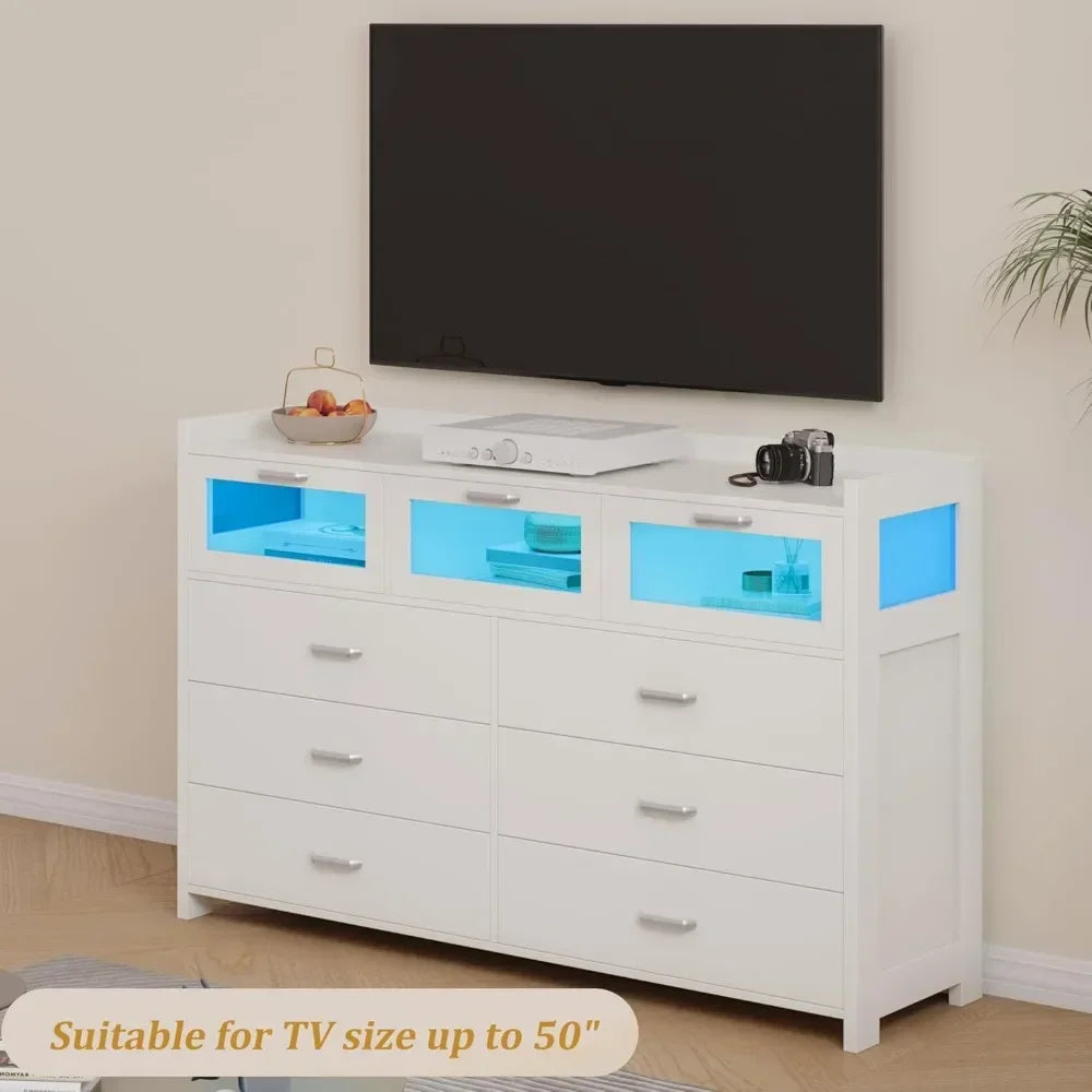 Dresser, LED Light with Charging Station, Storage Cabinet, 9 Drawer