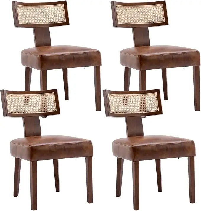 Mid Century Modern Rattan Dining Chairs Set of 4, Farmhouse Linen Upholstered Accent Chair Curved Backrest Kitchen Chairs, with
