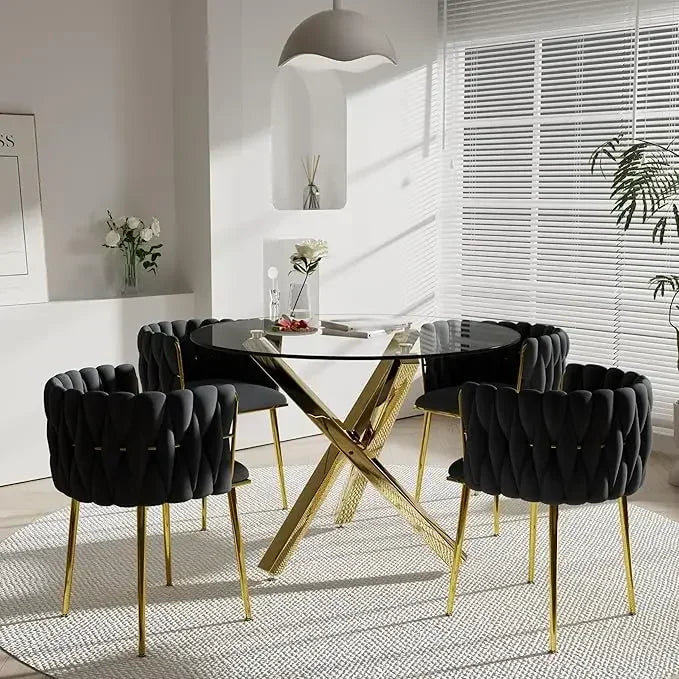 Dining Table Set for 4 with Grey Woven Dining Chair, 5 Pieces Minimalist Modern Round Glass Dinner Room Table Set