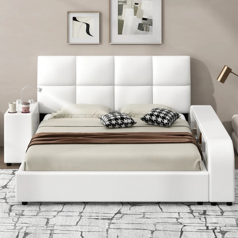 Queen Size Upholstered Platform Bed with Multimedia Nightstand and Storage Shelves,No Box Spring Required, Gray/White