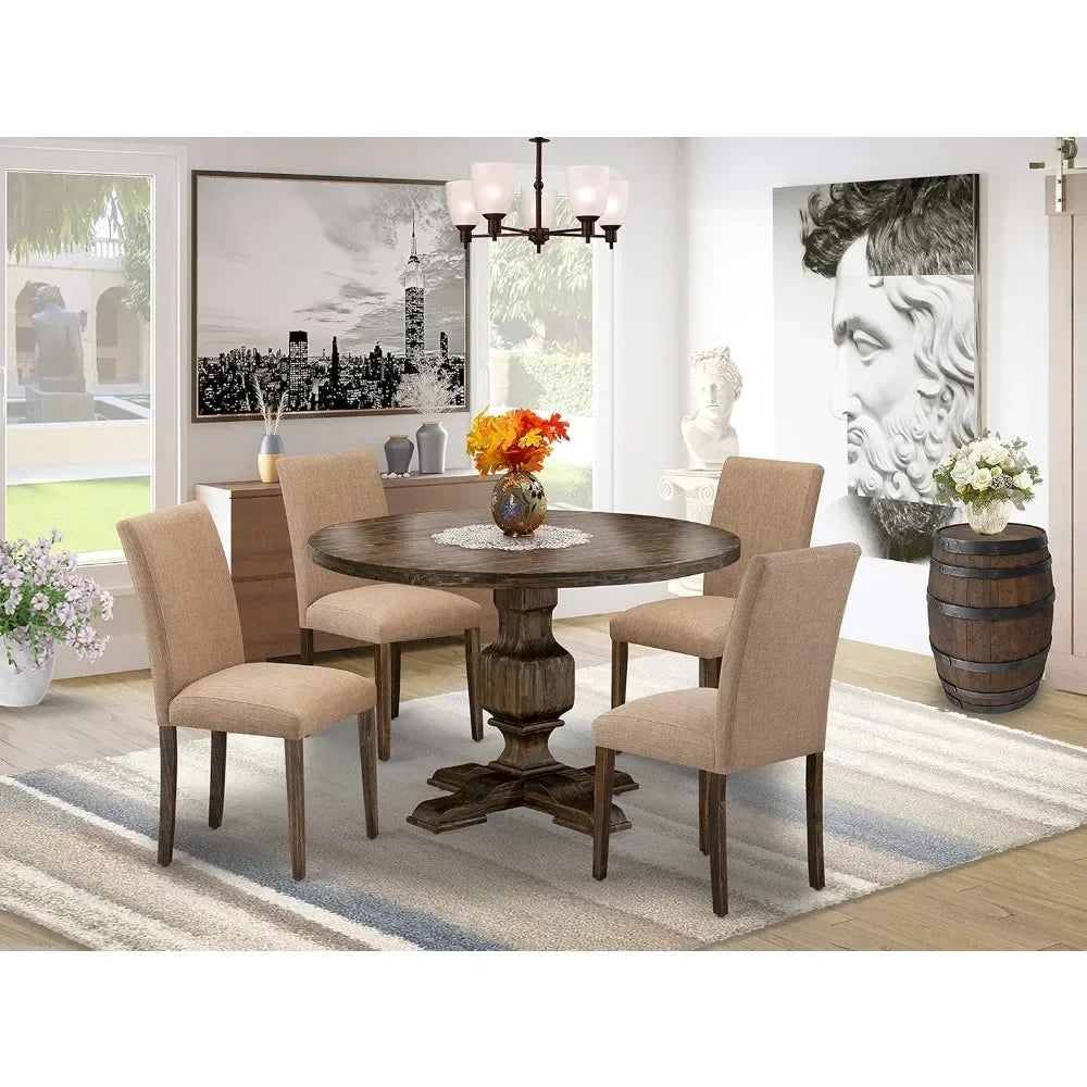 Dining Room 7 Piece Set Consist of A Round Dining Room Table with Pedestal and 6 Doeskin Linen Fabric Upholstered Parson Chairs