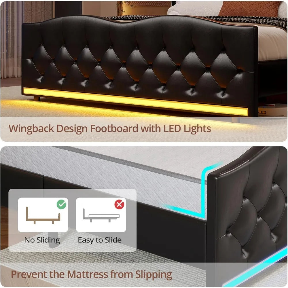 Queen Size Bed Frame Tall Headboard with LED Lights & Charging Station,