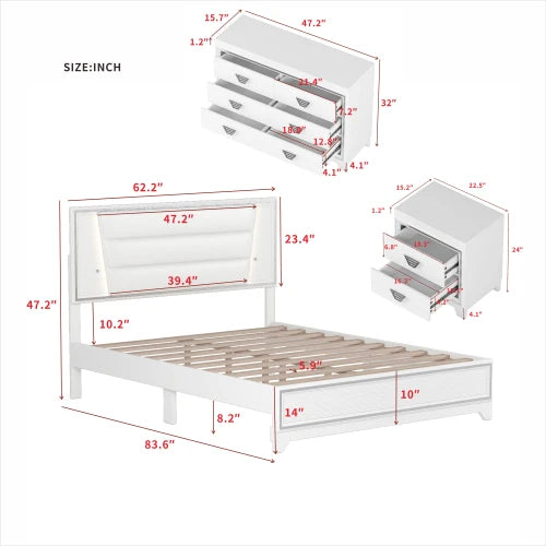 Bedroom Sets Queen Size Upholstered Bed with LED Lights, Nightstands and Dresser with Metal Handles White /black