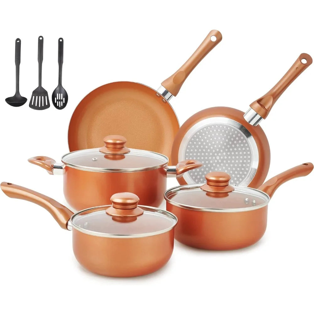 Pots and Pans Set Ultra Nonstick, Pre-Installed 11pcs Cookware Set Copper with Ceramic Coating, Stay cool handle