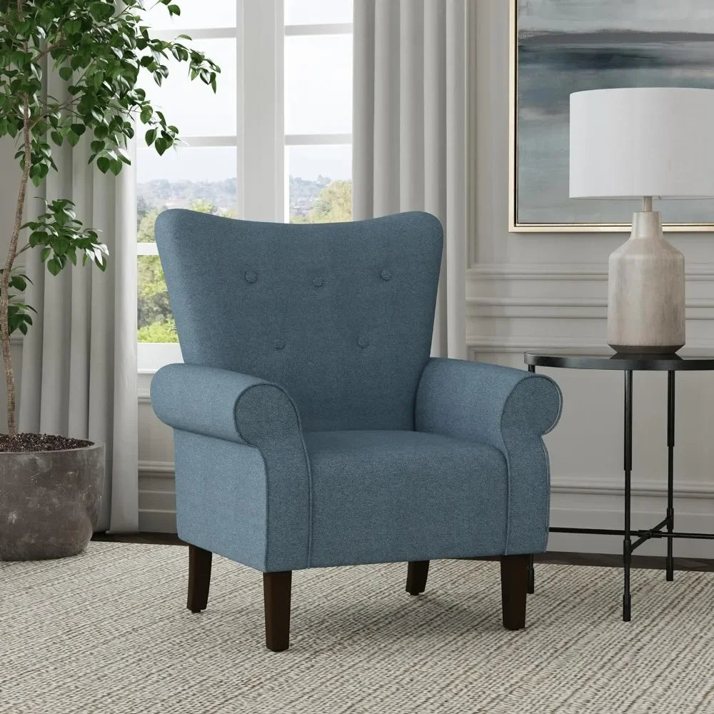 chair, home decoration with soft cushioned curly arm wing back living room chair, blue