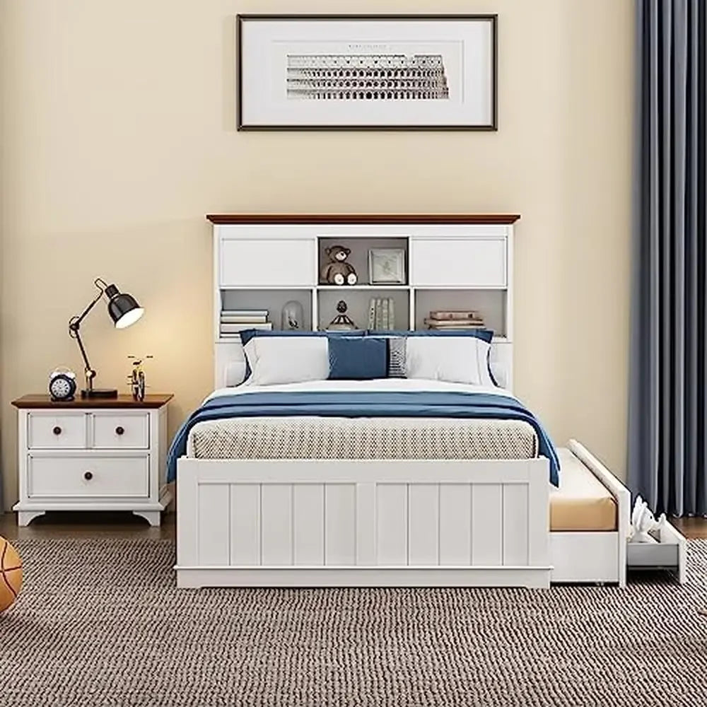 Modern Wood Bedroom Set Full Size Bed Trundle Nightstand Captain Farmhouse Style Rustic Durable Space Saving White 2 Pieces