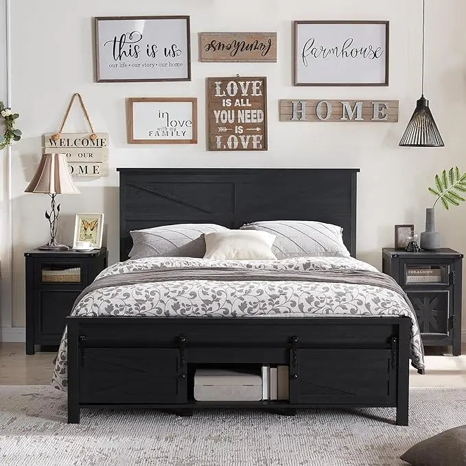 Farmhouse Wood Bed Frame Queen Size with Sliding Barn Door Storage Cabinets and Headboard, Solid Wood Slats