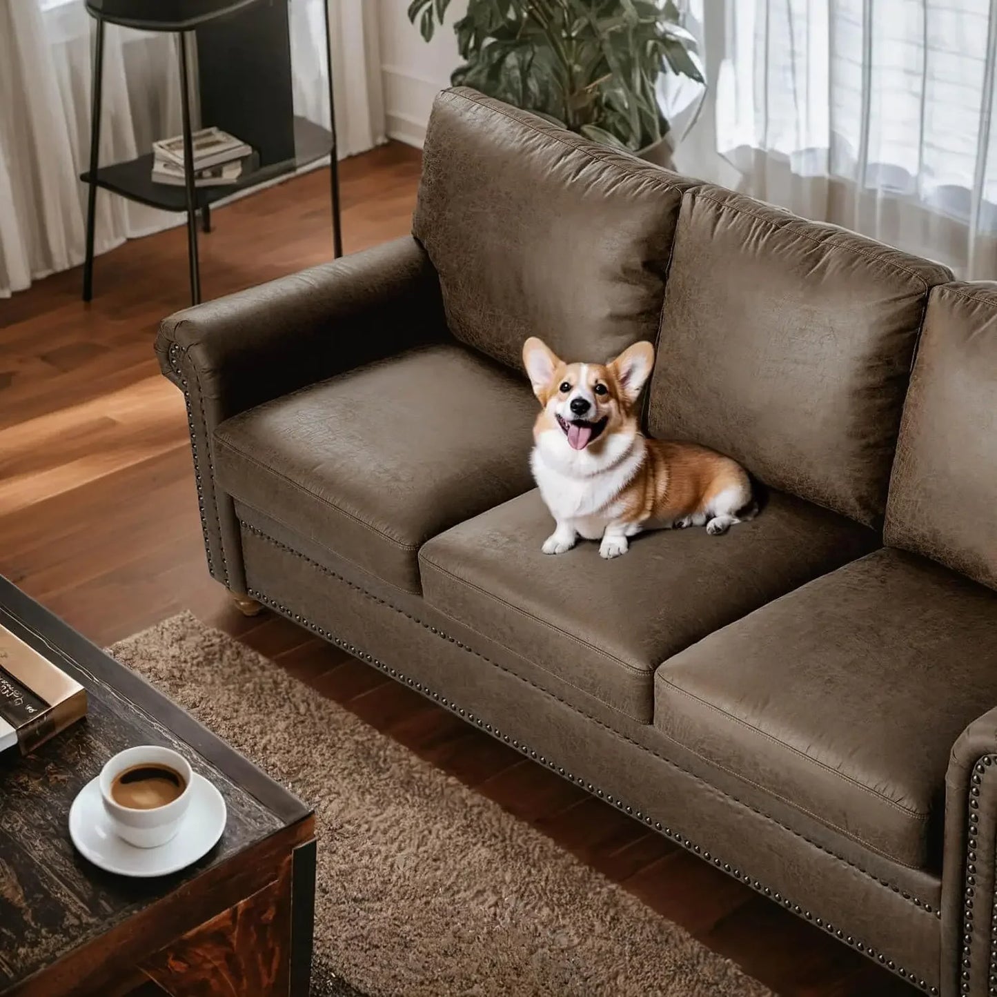 Rolled Arm with Nailhead Trim, Comfy 3 Seat Cushions with Pocket Spring, Brown Couches