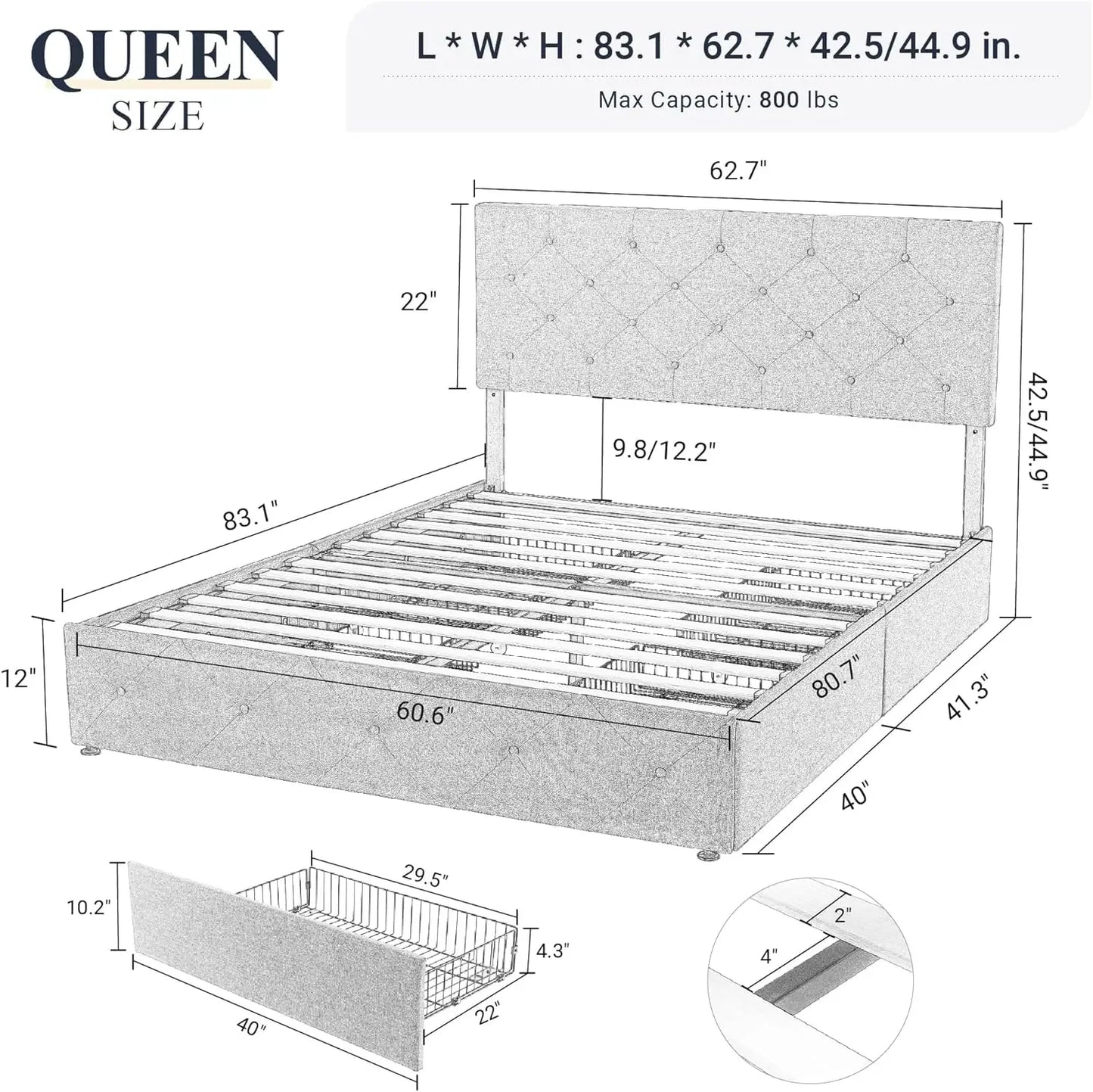 Furniture supplies Allewie Upholstered Queen Size Platform Bed Frame with 4 Storage Drawers