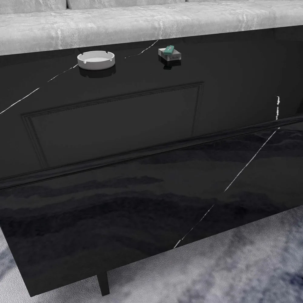 Coffee Tables Marble Rectangle for Living Room, Black Side Table, High Gloss Center