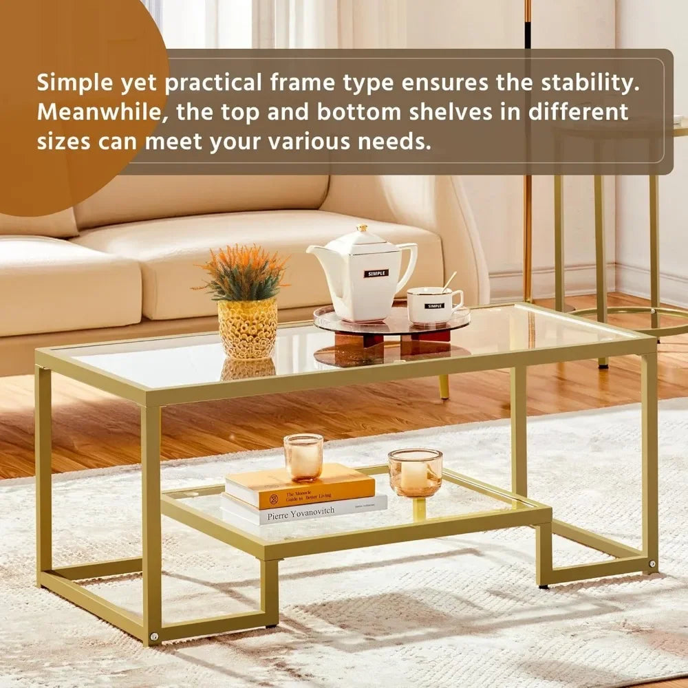 Coffee Table,42" Rectangular Glass Coffee Table for Living Room,2-Tier Center Tea Table W Metal Frame for Small Space, Apartment