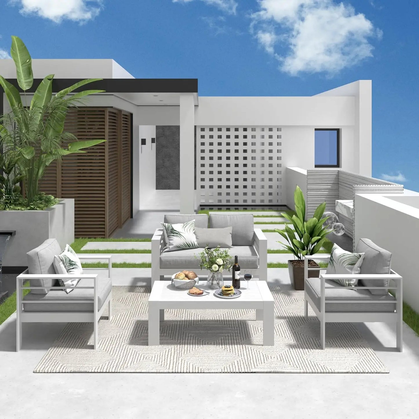 Seats Modern Outdoor Conversation Set Couch Sofa with Upgrade Cushion and Coffee Table, White