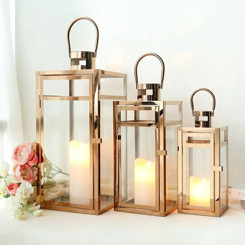 Stainless Steel Candle Lantern with Clear Glass Panel, Metal Candle Holder, Outdoor Home Decoration, Perfect for Event, 3