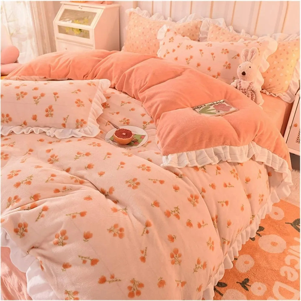 Bedding set, autumn and winter milk fiber four piece set, coral fleece lining, thick double-sided bed sheets