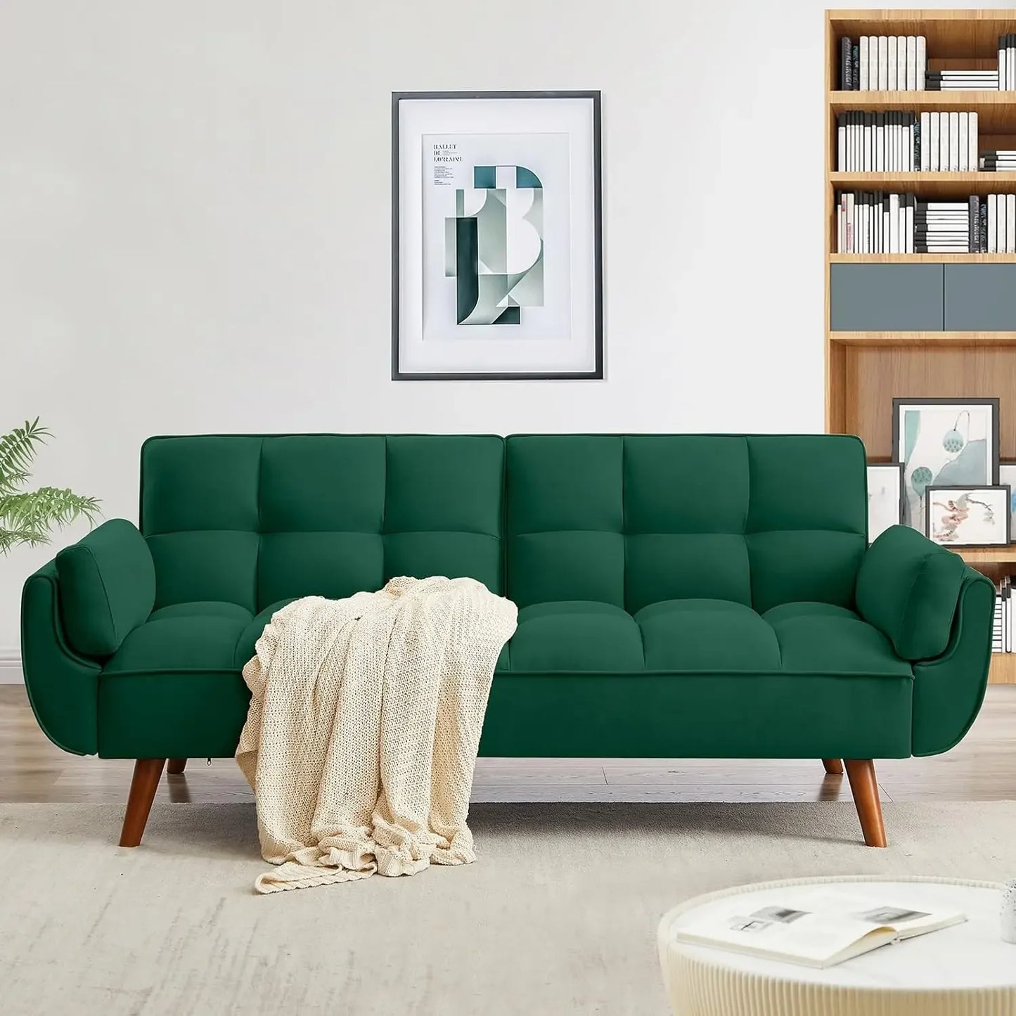 Tufted Sofa Convertible Futon Sofa Bed with Adjustable Backrests and Solid Wood Legs for Living Room, Bedroom