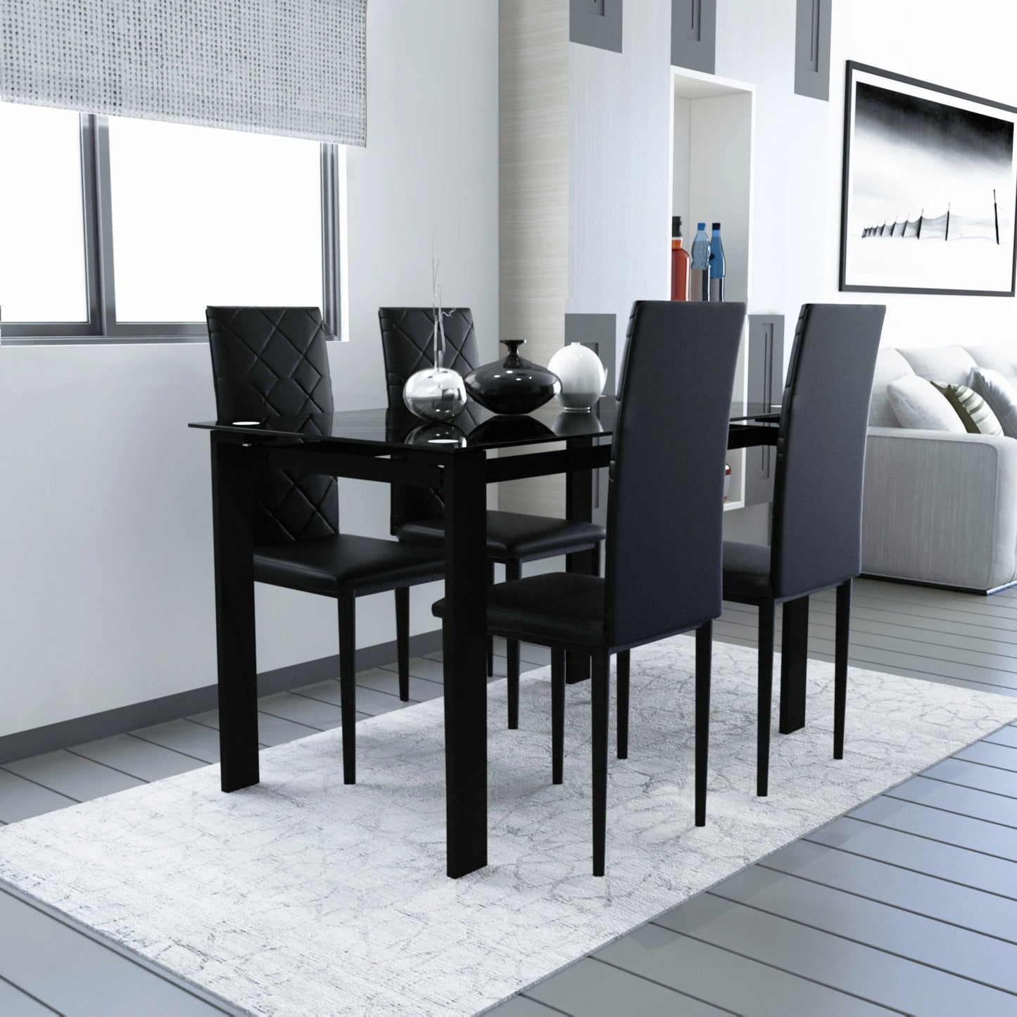 Glass Black Dining Table Chair Set Simple Rectangular Living Room Kitchen Table