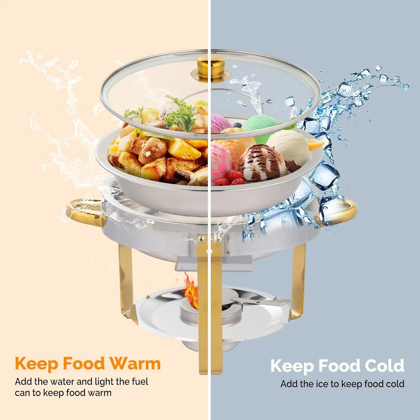 Chafing Dish Buffet Set Gold Accent Round NSF Stainless Steel Warmer Glass Lid Holder Catering Event Partie