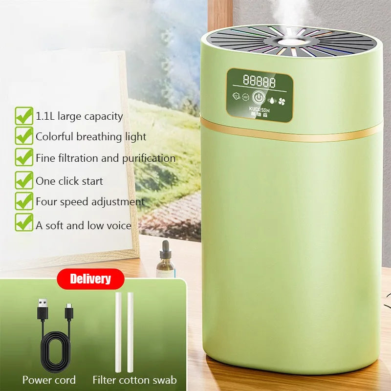 1100ml Quiet Humidifier 💧 Large capacity, aromatherapy ready, with 7-color ambient light.