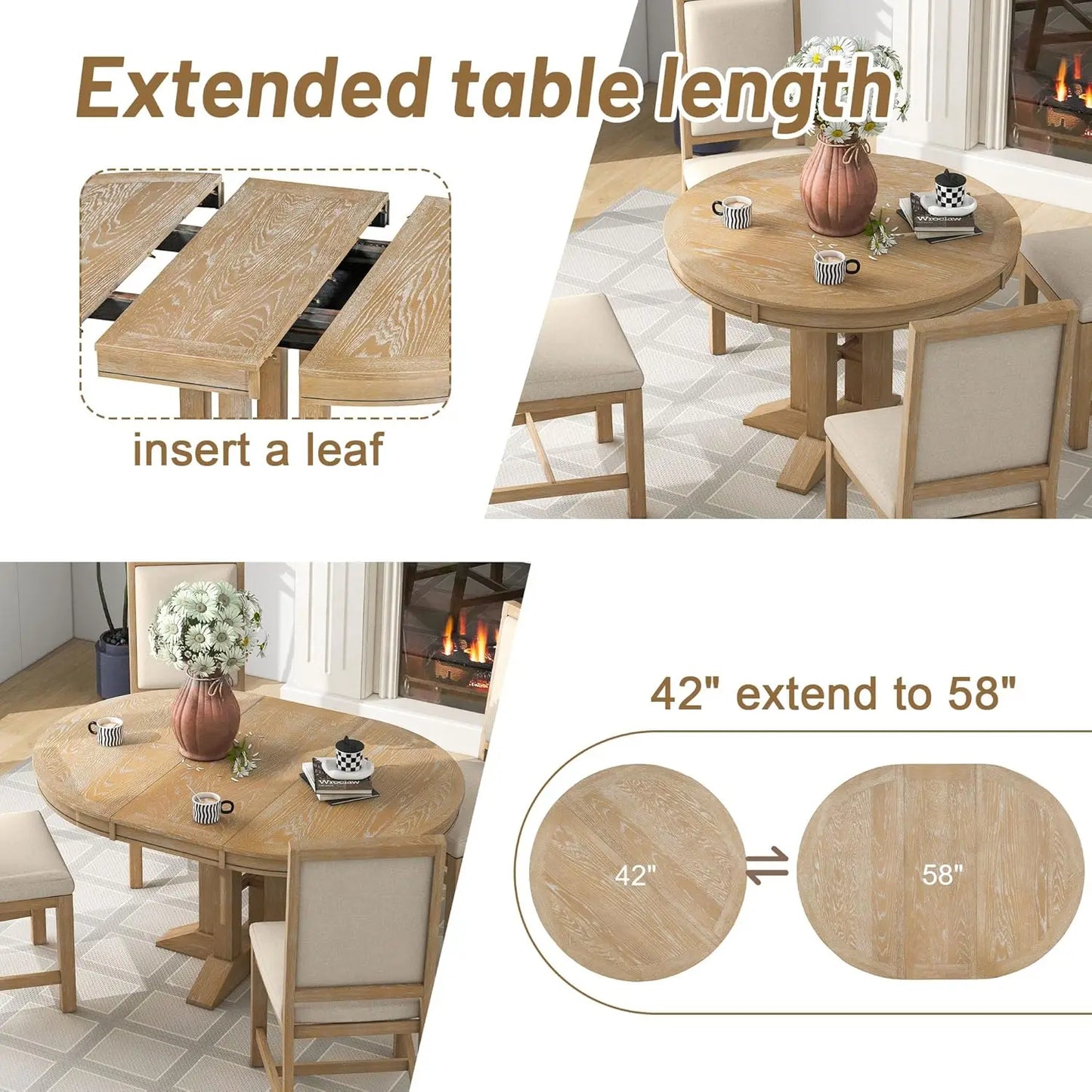 Table and 4 Upholstered Chairs for Kitchen, Living Room, Natural Wood