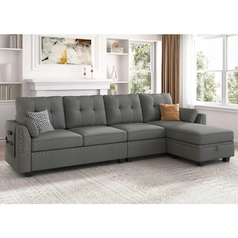 Reversible Sectional Sofa L-Shape Sofa Convertible Couch 4-Seater Sofas Sectional for Apartment Dark Grey side table