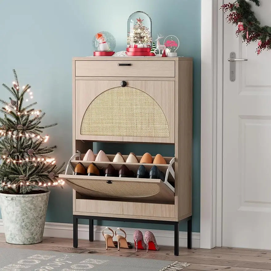 Shoe Storage Cabinet with 2 Flip Drawers&1 Small Drawer, Slim Entryway Shoe Organizer with Half Round Woven Rattan Doors