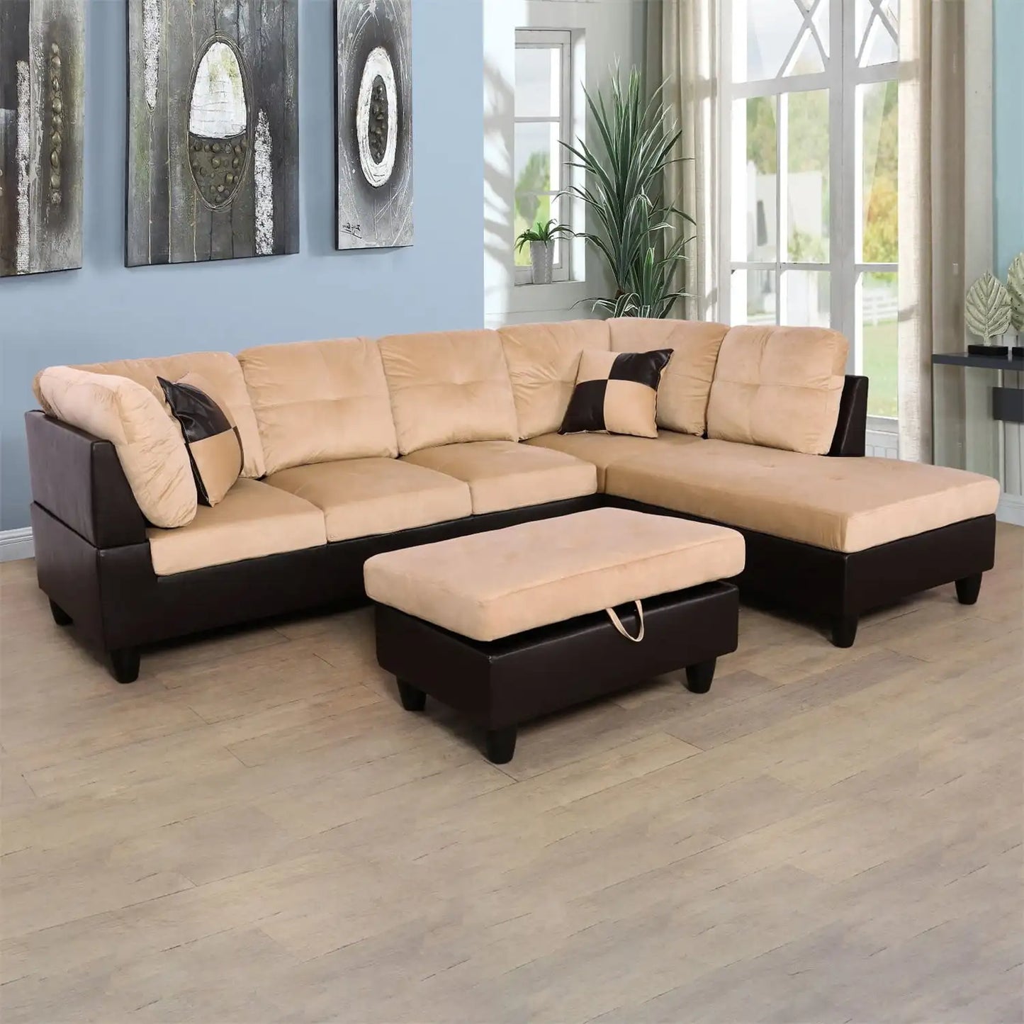 Sectional Sofa Couch Living Room Furniture Sets Modern L Shaped Sectional Sofa Set Beige and Brown