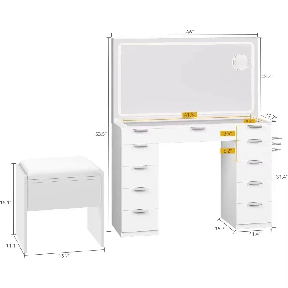 Makeup Vanity Desk Set ，with Mirror, Glass Tabletop, 11 Drawers, Power Strip, Hair Dryer Rack, and Storage Stool for Bedroom