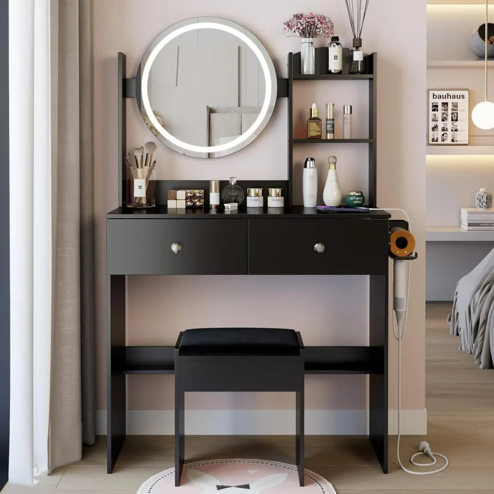Table and Soft Cushion Stool Set,  Adjustable Brightness, Desktop, Multi-layer High Capacity Storage