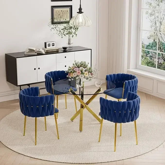 Dining Table Set for 4 with Grey Woven Dining Chair, 5 Pieces Minimalist Modern Round Glass Dinner Room Table Set